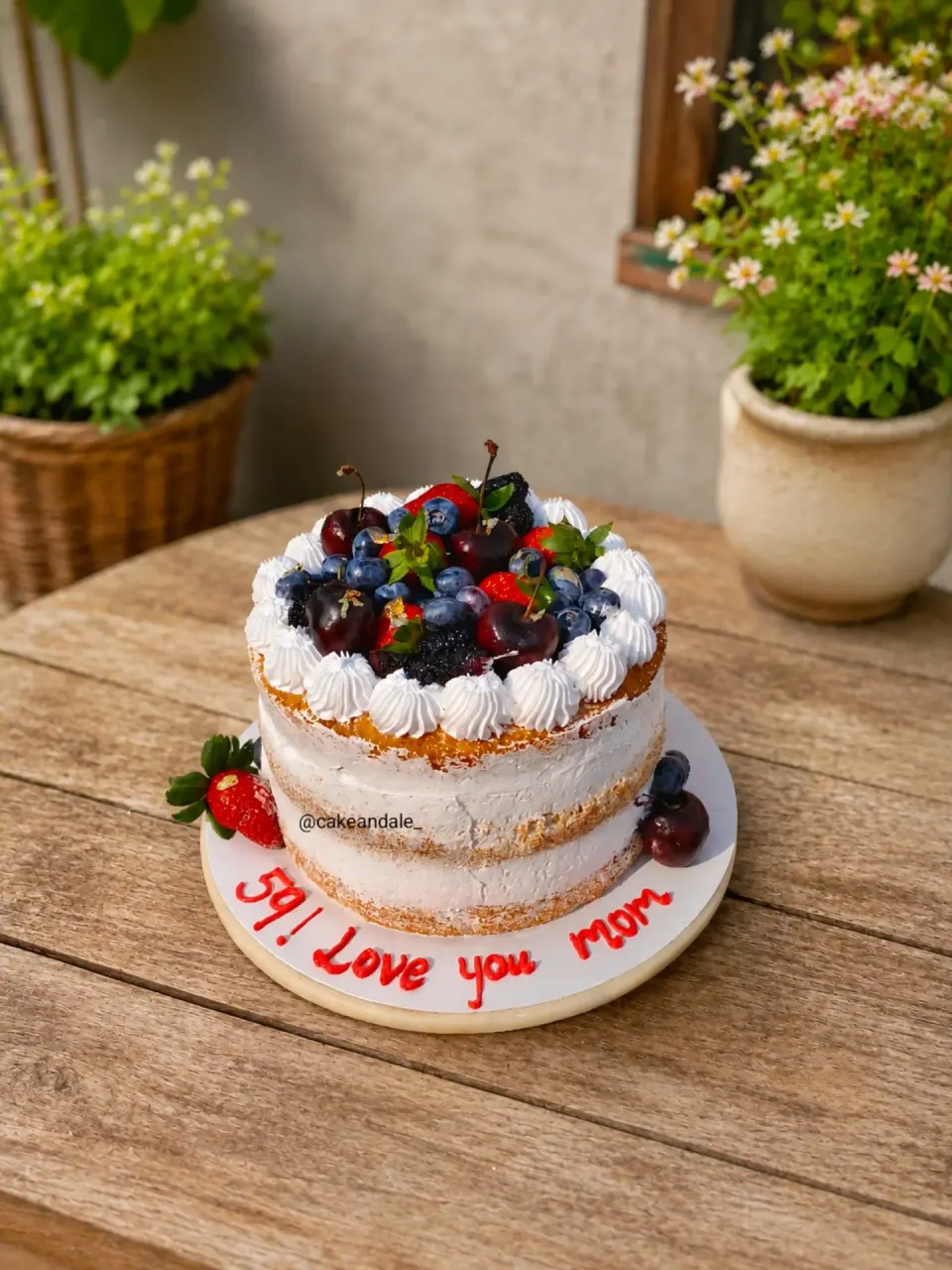 Semi-naked sponge cake crowned with cherries, blueberries and strawberries, piped "59! Love you Mom"