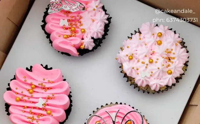 Pink buttercream cupcakes with gold pearls and silver butterfly toppers