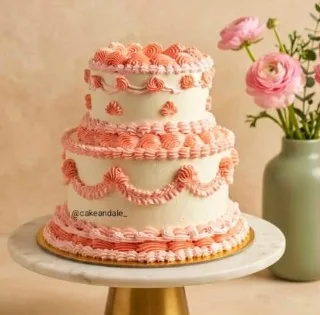 Three tier vintage style cake with coral and pink buttercream piping
